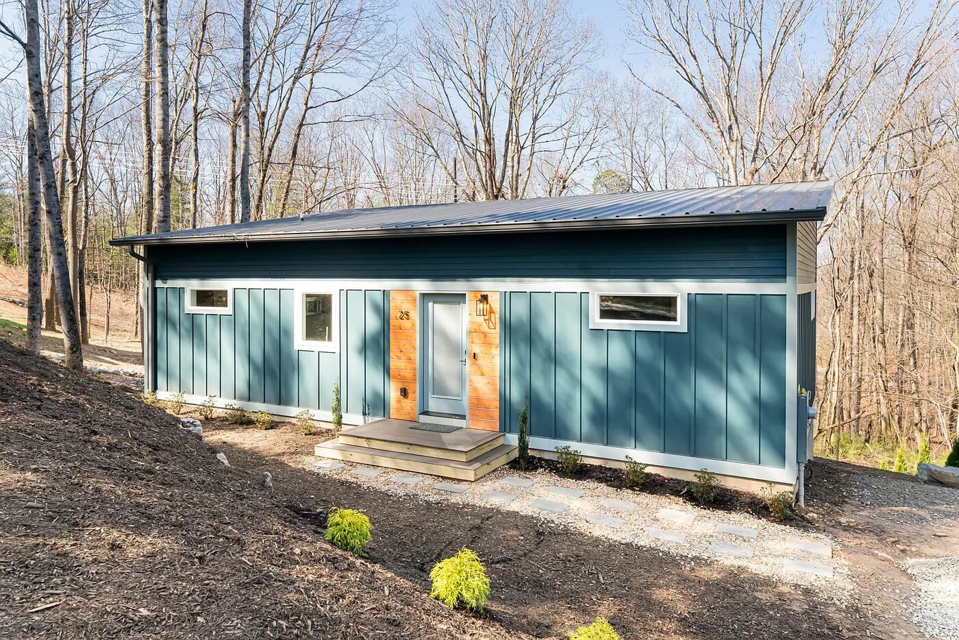 Teal board-and-batten single-story home with cedar entry and metal roof