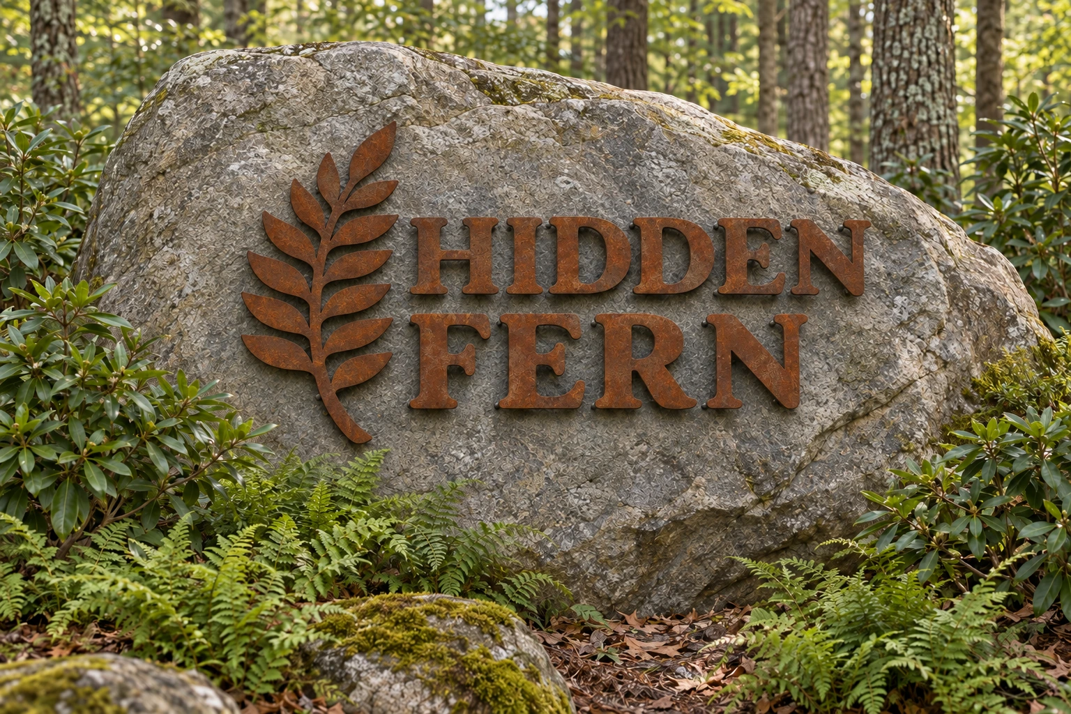 Hidden Fern entrance design with rust-colored lettering and a fern motif on a boulder surrounded by woodland plants