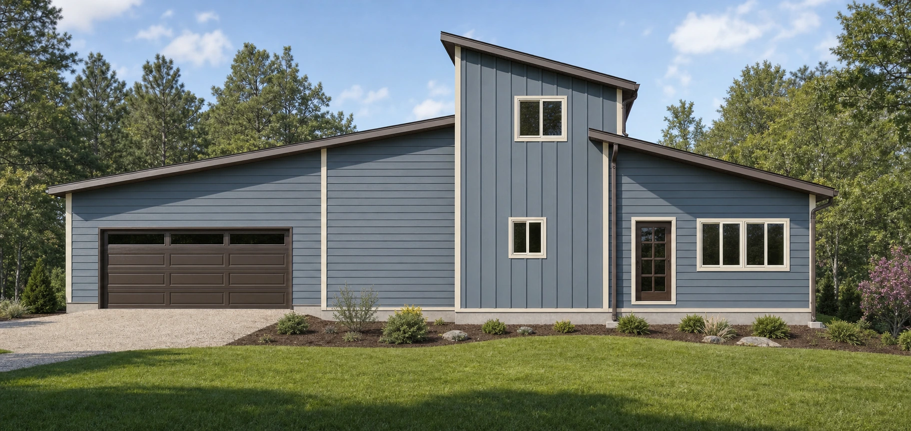 Possible Lot B exterior color concept with blue siding and warm neutral trim in a wooded setting
