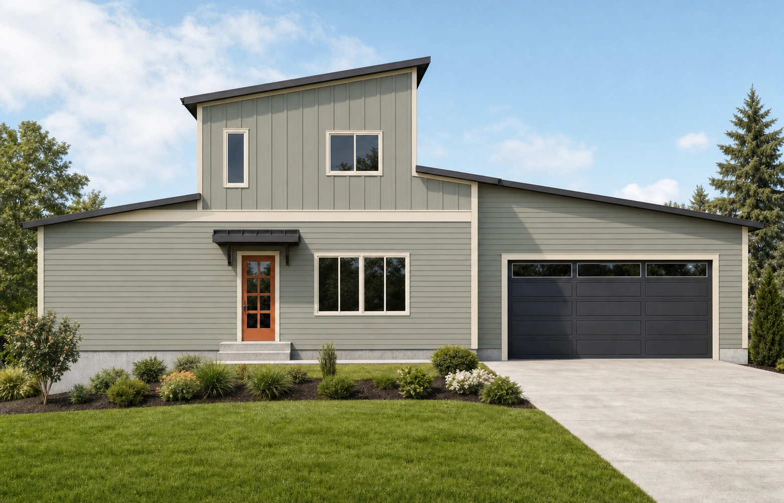 Possible Lot A exterior color concept with muted green siding, light trim and a dark garage door