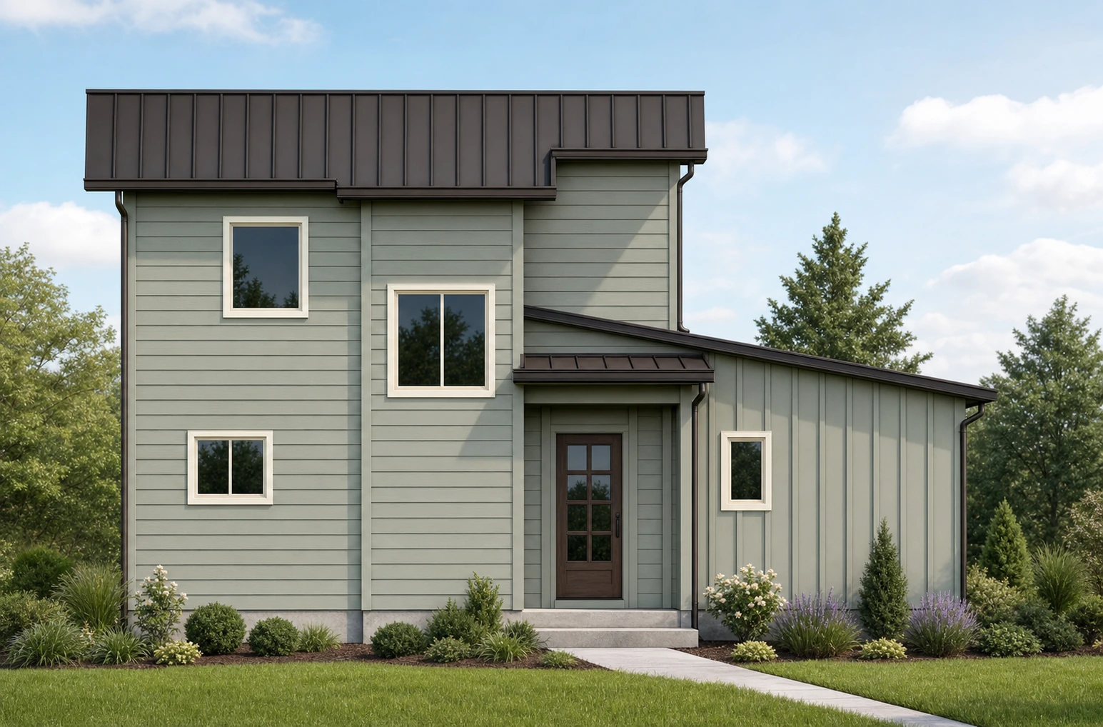 Hidden Fern Lot D exterior concept with muted green siding, light window trim and a dark modern roofline
