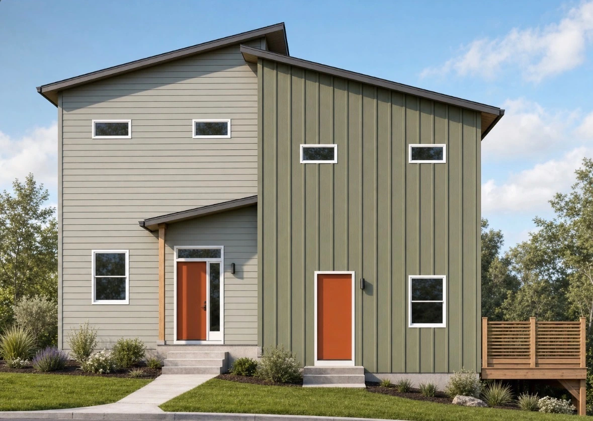 Color rendering of the Weaver Hill duplex with muted green siding, orange entry doors and sloping rooflines